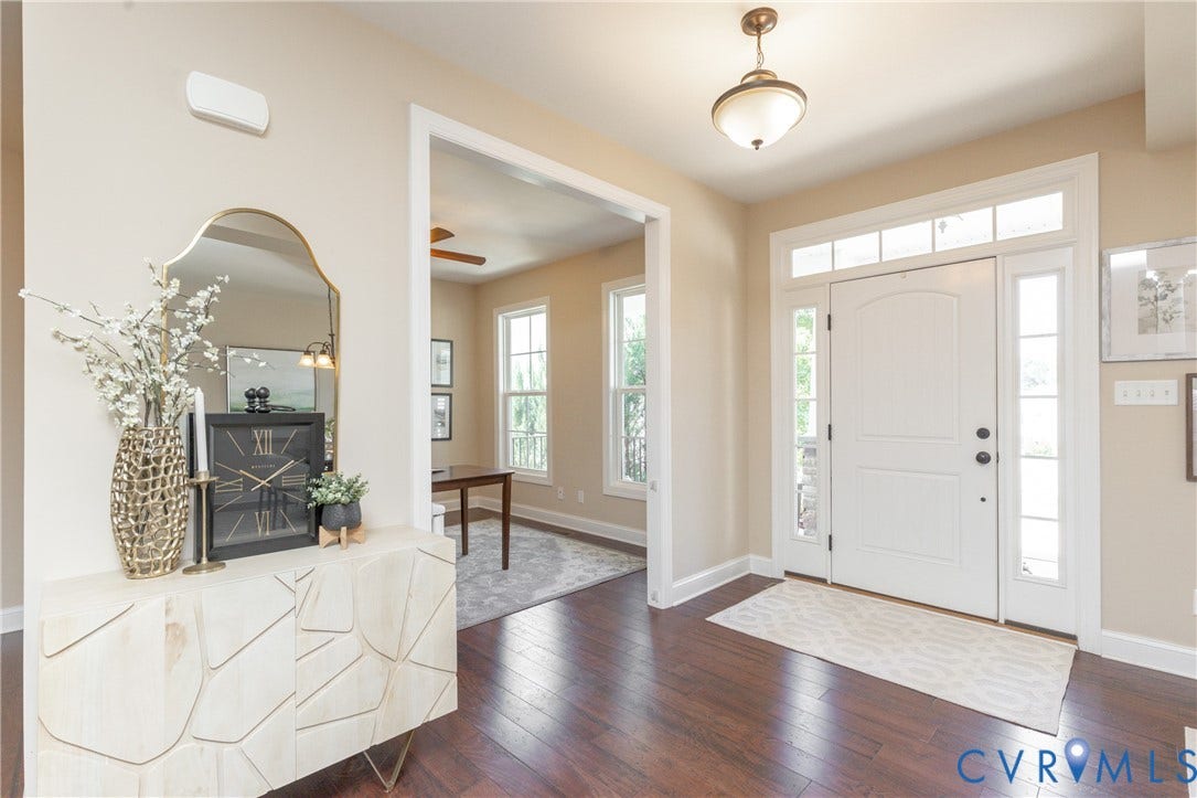 14806 Creekbrook Terrace, Brookcreek Estates, Midlothian, VA 23113 Entryway with dark wood-finish flooring, a white paneled front door, and flanking sidelights with a transom window