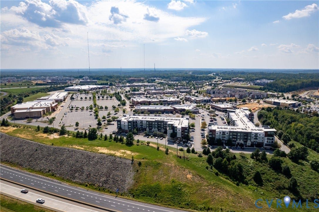 14806 Creekbrook Terrace, Brookcreek Estates, Midlothian, VA 23113 Expansive aerial perspective showcasing diverse commercial and residential structures