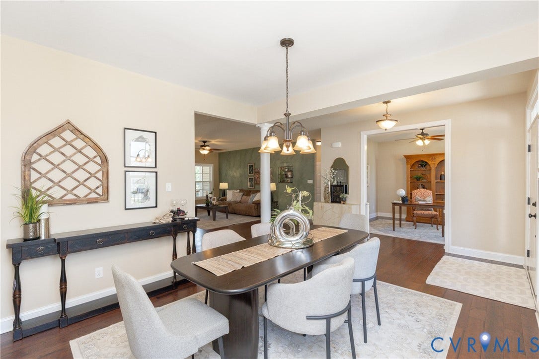 14806 Creekbrook Terrace, Brookcreek Estates, Midlothian, VA 23113 Wood-finish flooring throughout, featuring a dining area with a chandelier