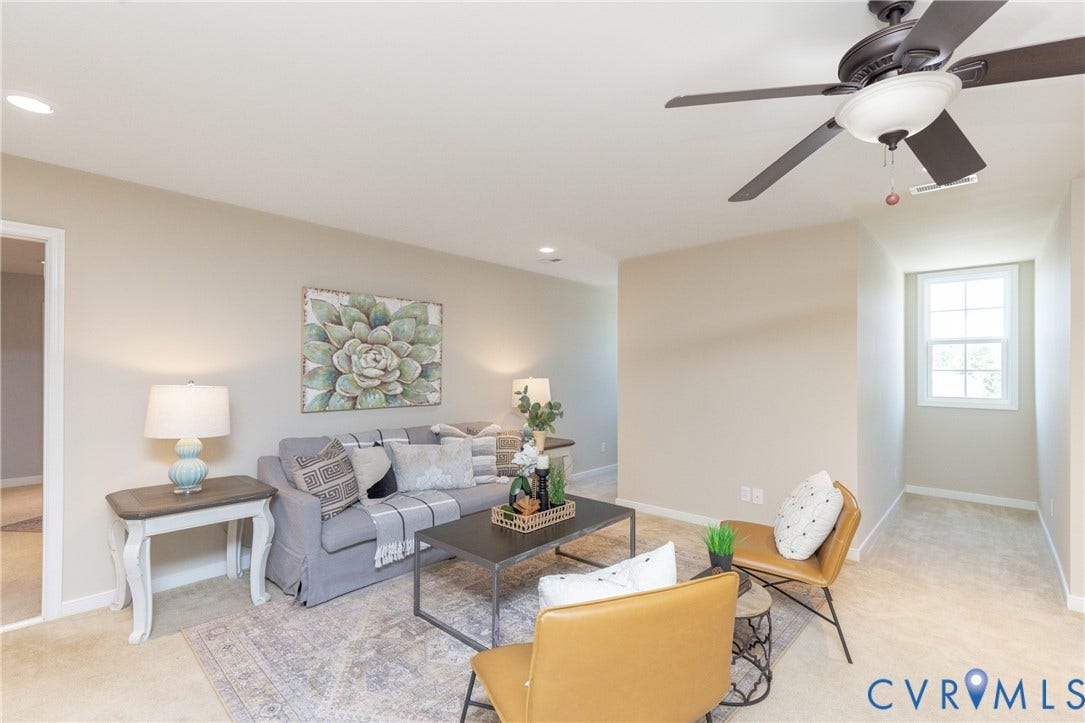 14806 Creekbrook Terrace, Brookcreek Estates, Midlothian, VA 23113 Recessed lighting, ceiling fan with light fixture, neutral wall color, carpeted flooring, and a double-hung window