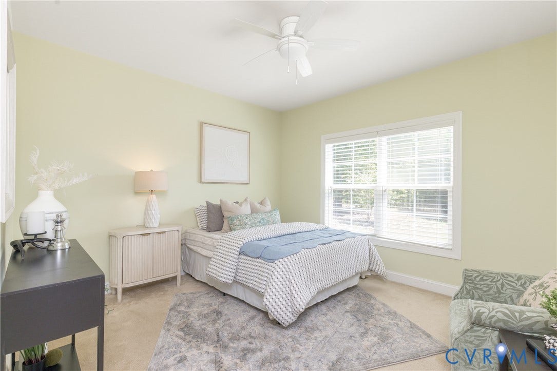 14806 Creekbrook Terrace, Brookcreek Estates, Midlothian, VA 23113 Carpeted room featuring a ceiling fan, a window with blinds, and light-colored walls