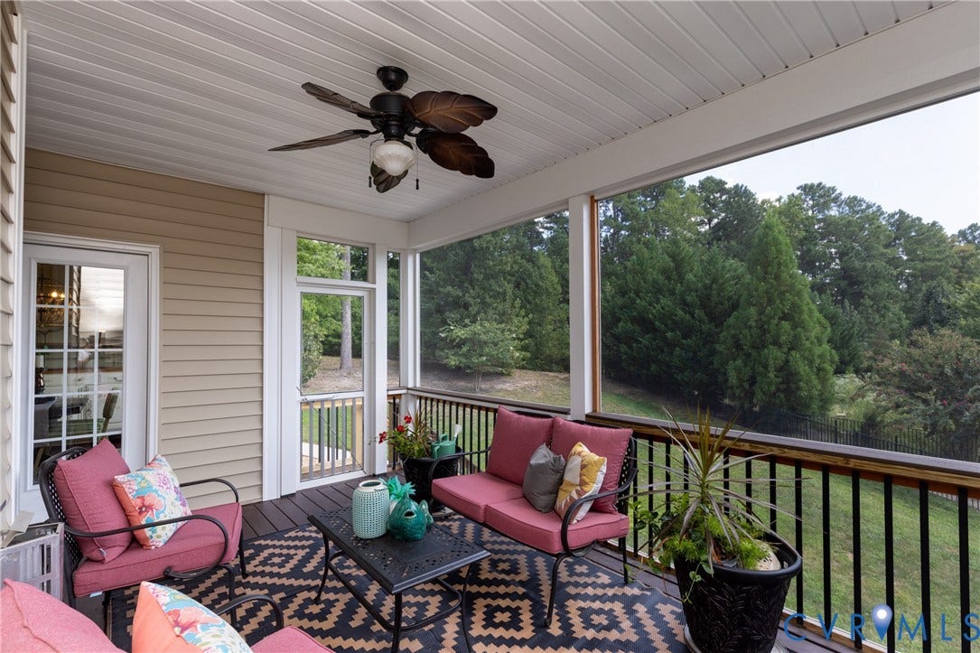 14806 Creekbrook Terrace, Brookcreek Estates, Midlothian, VA 23113 Screened-in porch featuring a ceiling fan, planked ceiling, and dark wood-finish flooring