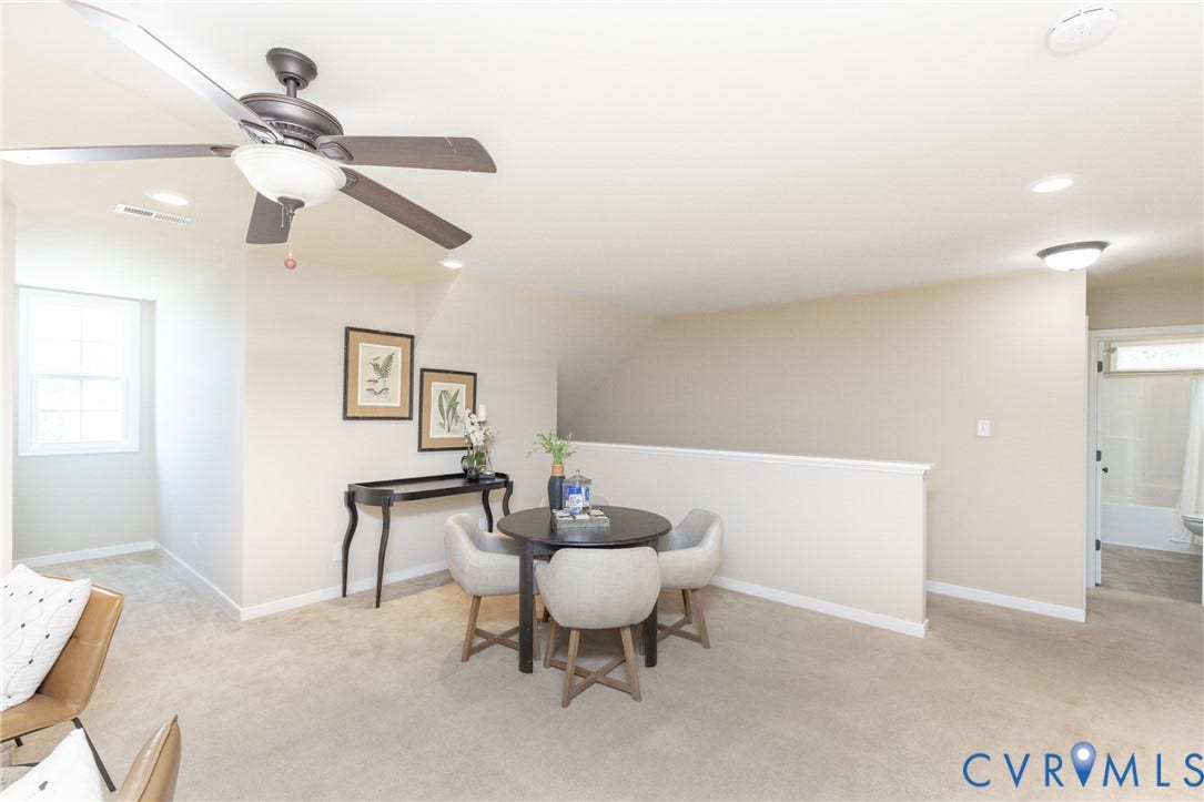 14806 Creekbrook Terrace, Brookcreek Estates, Midlothian, VA 23113 Carpeted loft area featuring a ceiling fan with integrated lighting, recessed lighting, and a window providing natural light