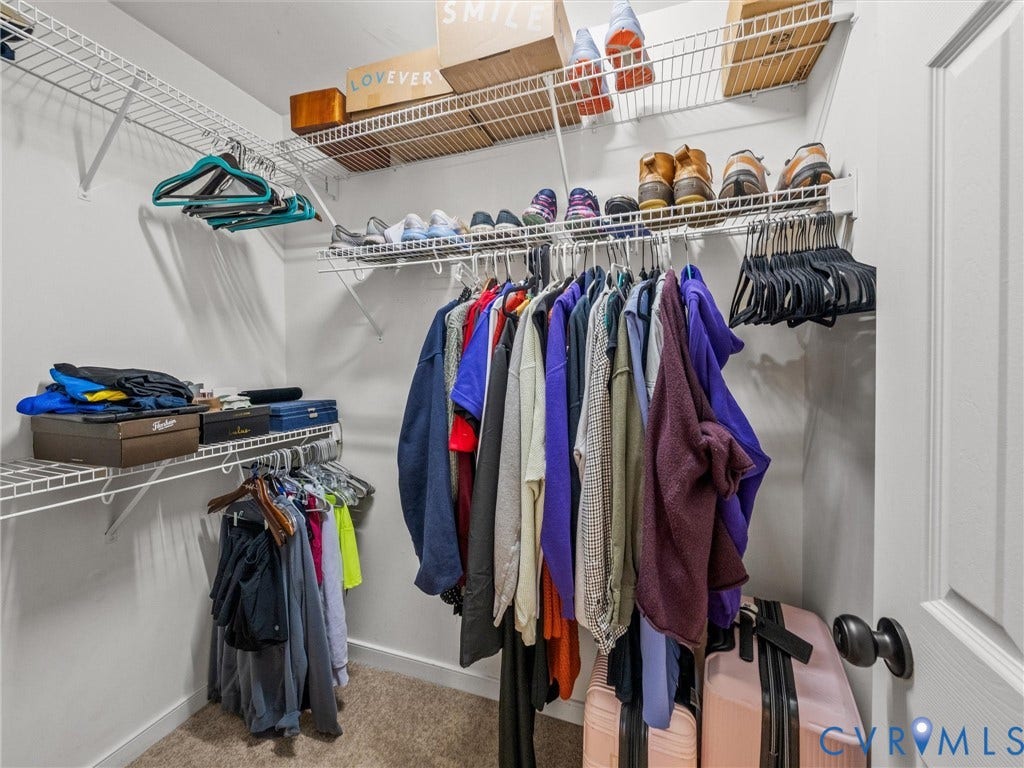 Walk-in closet featuring wire shelving, hanging rods, and carpet flooring