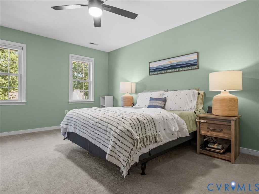 Carpeted room with a ceiling fan, dual windows, and light green painted walls