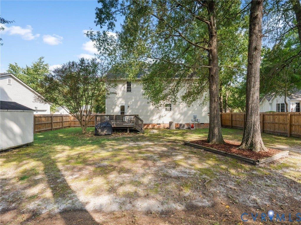 Fenced backyard featuring mature trees, a wood deck, and a detached storage shed
