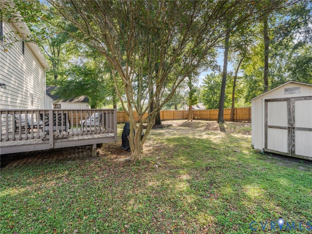 Expansive backyard featuring a wood deck, mature trees, a storage shed, and wood fencing
