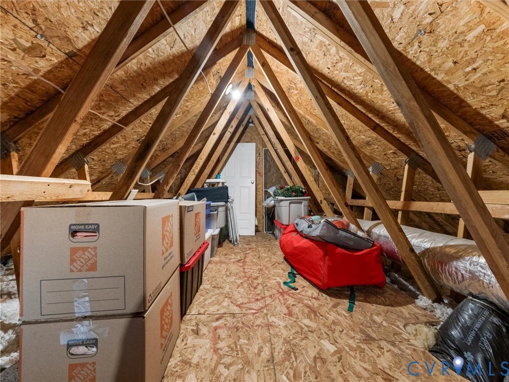 Accessible attic space featuring exposed wood framing, oriented strand board sheathing, and a light fixture