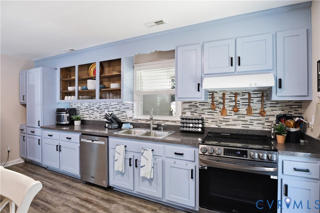 13602 Velvet Antler Place, Midlothian, VA 23112 Light blue cabinetry, black hardware, stainless steel appliances, patterned backsplash, and wood-finish flooring