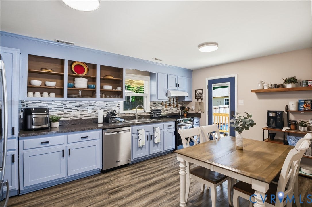 13602 Velvet Antler Place, Midlothian, VA 23112 Kitchen featuring wood-finish flooring, light blue cabinetry, built-in dishwasher, tile backsplash, and a door leading to an exterior deck