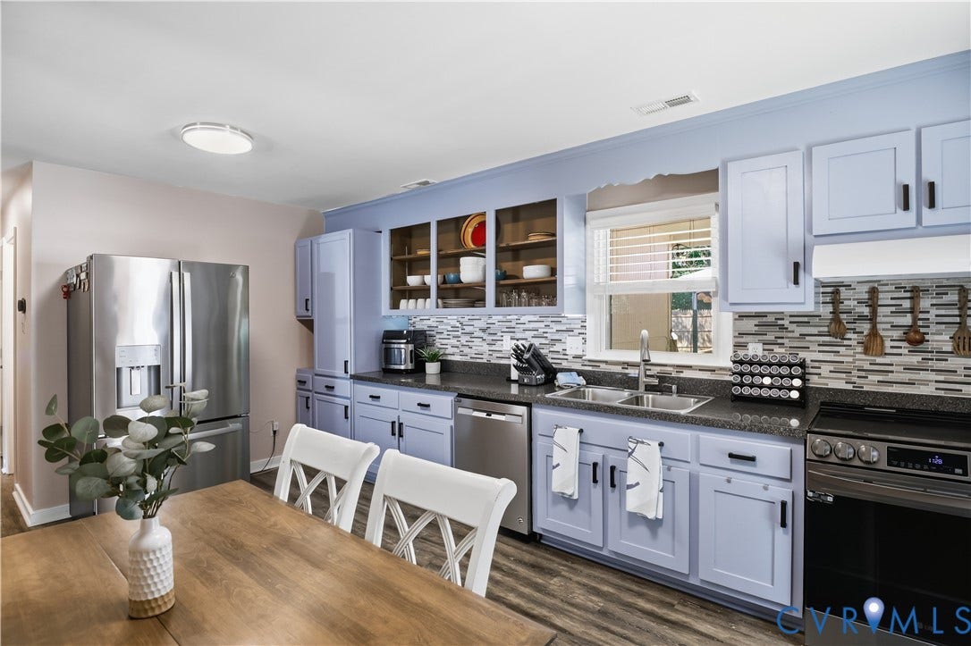 13602 Velvet Antler Place, Midlothian, VA 23112 Stainless steel appliances, wood-finish flooring, two-tone cabinetry, tiled backsplash, and a double basin sink