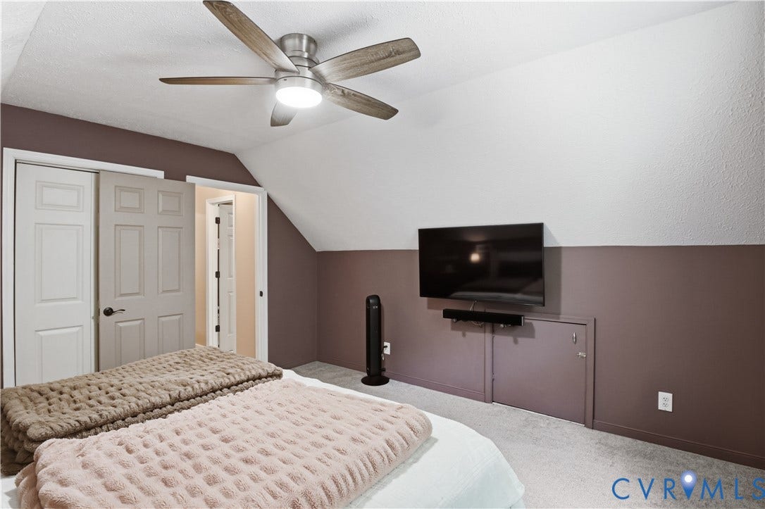 13602 Velvet Antler Place, Midlothian, VA 23112 Carpeted flooring, ceiling fan with integrated lighting, two-tone wall treatment, and built-in storage access
