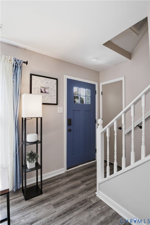 13602 Velvet Antler Place, Midlothian, VA 23112 Blue front door with glass lites, wood-finish flooring, and white painted balusters
