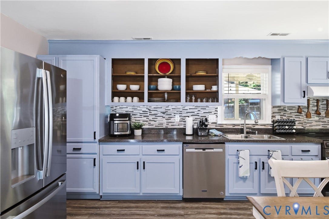 13602 Velvet Antler Place, Midlothian, VA 23112 Stainless steel appliances, light blue cabinetry with dark hardware, mosaic tile backsplash, solid surface countertops, and wood-finish flooring