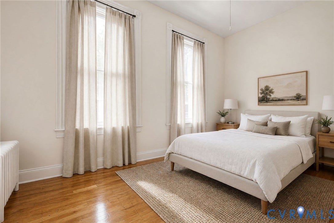 1527 Grove Avenue, #3, Richmond, VA 23220 Hardwood flooring, tall windows with decorative trim, and a ceiling fan