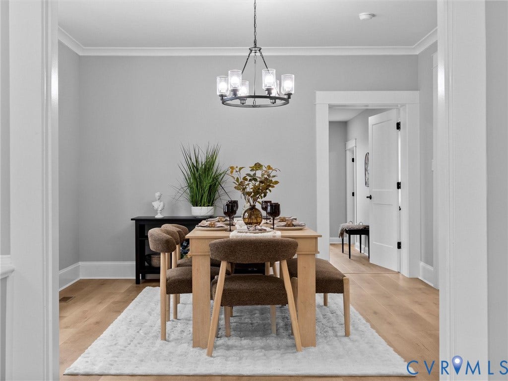 2623 Northumberland Avenue, Richmond, VA 23220 Recessed dining area featuring light wood-finish flooring, a contemporary chandelier, and a black accent console table
