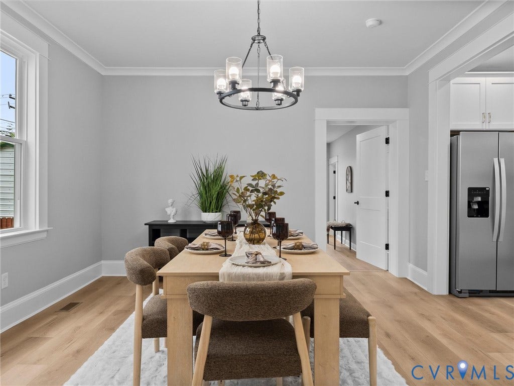 2623 Northumberland Avenue, Richmond, VA 23220 Crown molding, wood-finish flooring, recessed window, stainless steel refrigerator, and white cabinetry