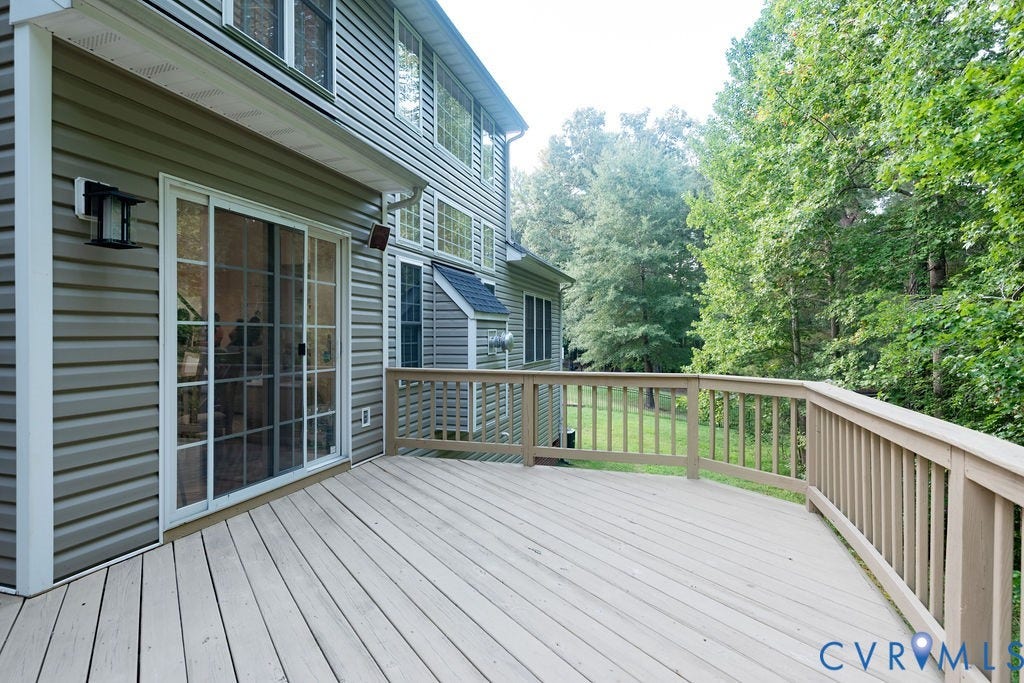 14107 Beachmere Road, Stoney Glen South, Chester, VA 23831 Spacious wood-finish deck with railing, sliding glass door, and exterior lighting