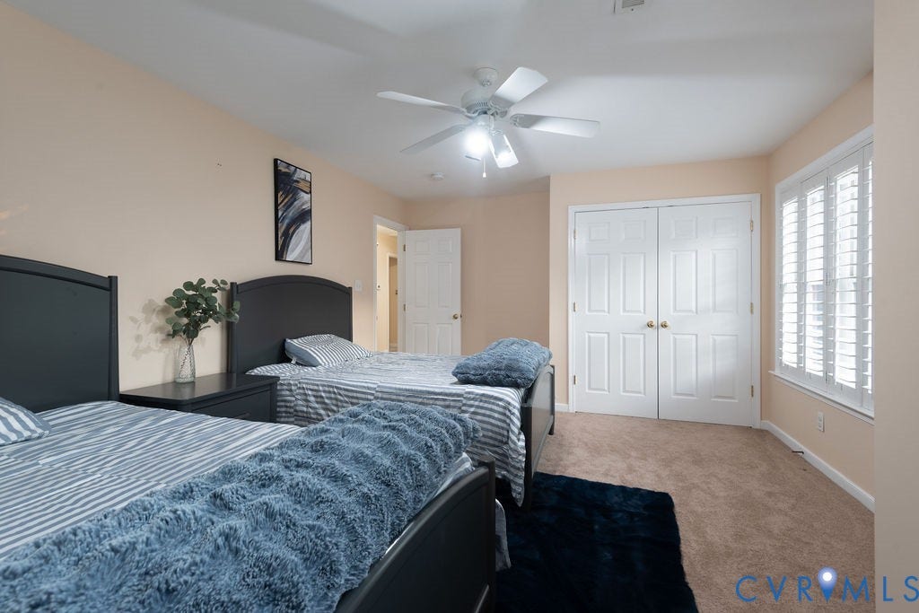14107 Beachmere Road, Stoney Glen South, Chester, VA 23831 Recessed lighting, ceiling fan, white plantation shutters, neutral-toned carpeting, and bi-fold closet doors