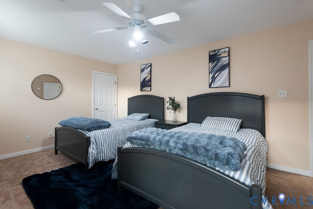 14107 Beachmere Road, Stoney Glen South, Chester, VA 23831 Carpeted flooring with light-colored walls, white trim, and a ceiling fan