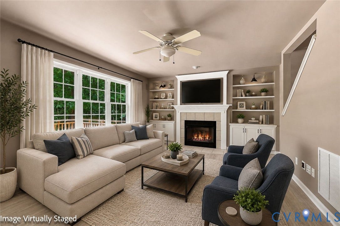 3522 Fairfield Road, Powhatan, VA 23139 Virtual Staged Living area featuring a fireplace with a tile surround, built-in shelving, a ceiling fan, and large windows