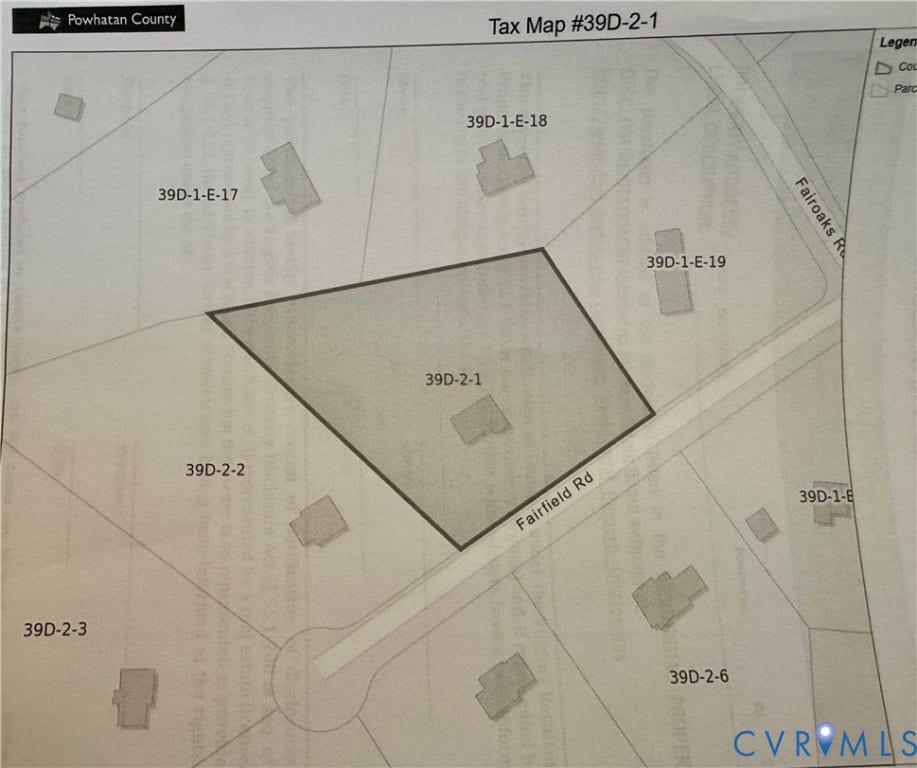 3522 Fairfield Road, Powhatan, VA 23139 Tax Map #39D-2-1. Illustrating the property boundaries and parcel identification numbers for the specified area