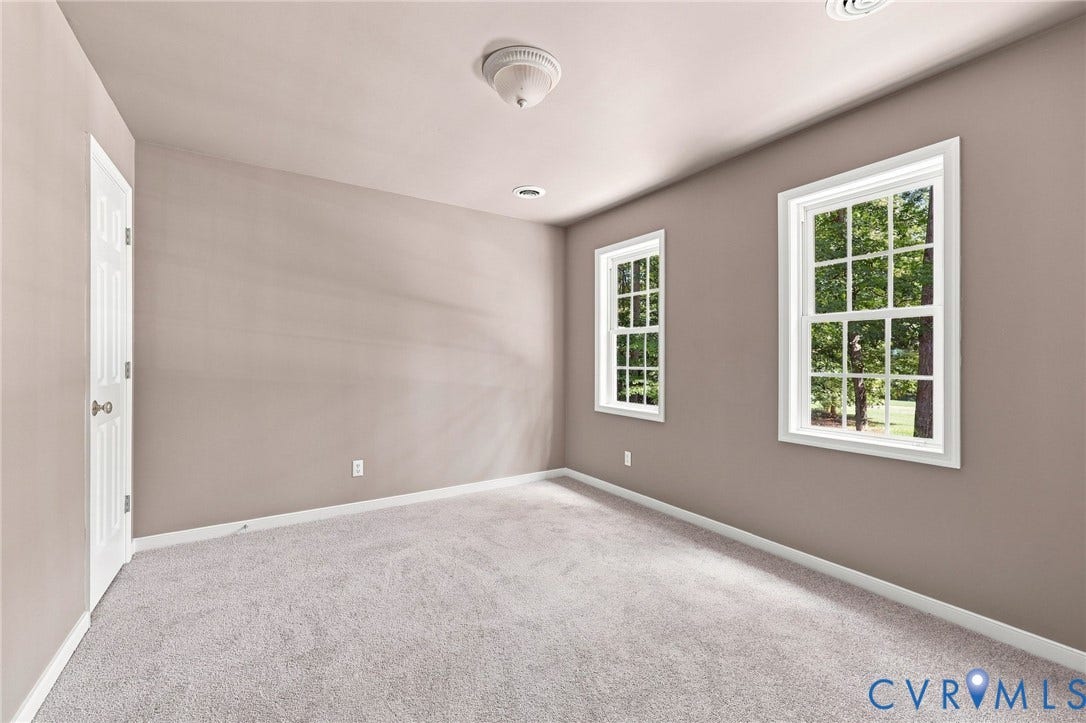 3522 Fairfield Road, Powhatan, VA 23139 Room featuring two double-hung windows, light-toned carpeting, and a white six-panel door