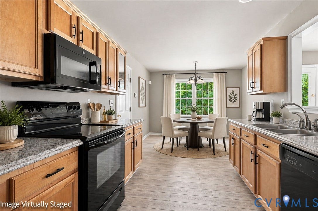 3522 Fairfield Road, Powhatan, VA 23139 Virtual Staged Kitchen featuring wood-finish cabinetry, black appliances, light-toned countertops, and wood-finish flooring