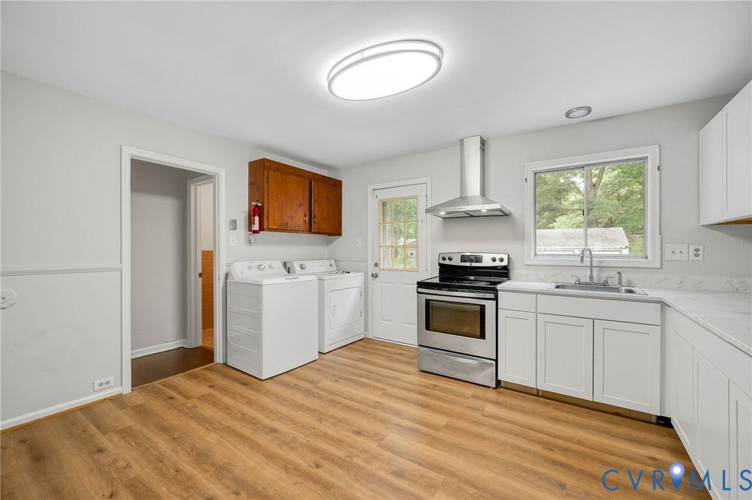 5322 Germain Road, Piney Knolls, Richmond, VA 23224 Wood-finish flooring with white base cabinetry, stainless steel range, and stainless steel range hood