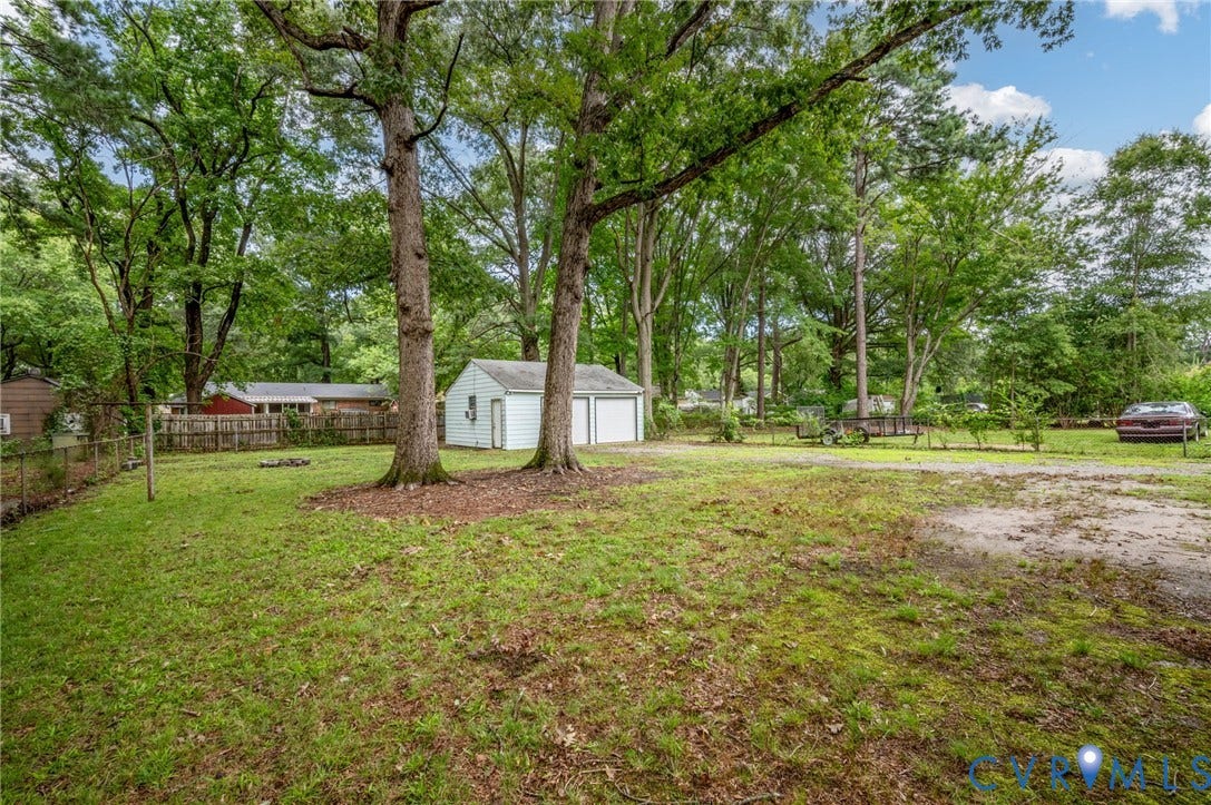 5322 Germain Road, Piney Knolls, Richmond, VA 23224 Expansive grassy yard with mature trees and a two-car garage