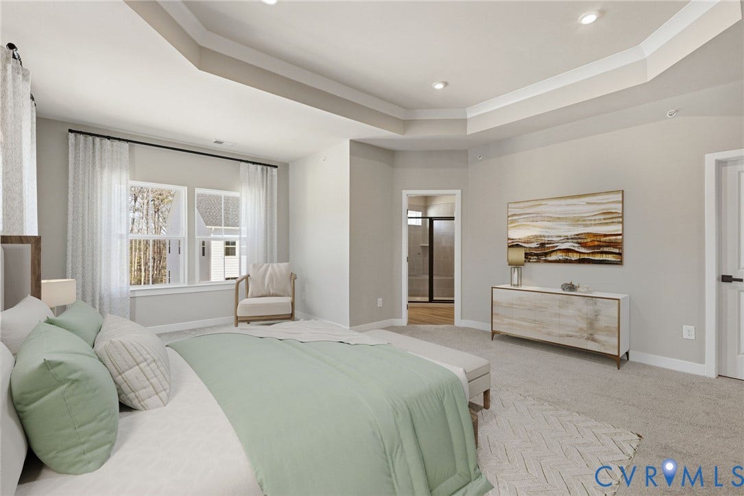 Recessed lighting, tray ceiling, twin windows, light neutral wall color, and plush carpet flooring