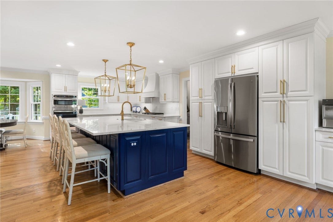 14411 Galloway Court, Salisbury, Midlothian, VA 23113 White shaker-style cabinetry with gold-tone hardware, a large blue island, stainless steel refrigerator, wood-finish flooring, and recessed lighting