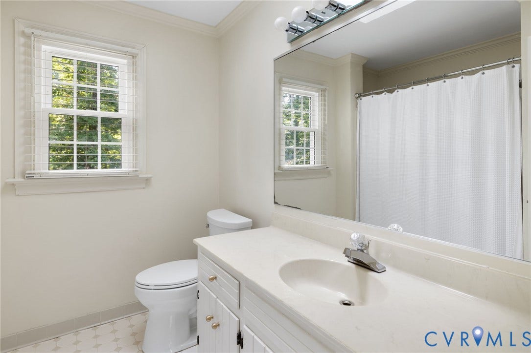 14411 Galloway Court, Salisbury, Midlothian, VA 23113 Full bathroom featuring a single vanity with an integrated sink, a toilet, a window with horizontal blinds, a shower with a curtain rod, and tile flooring