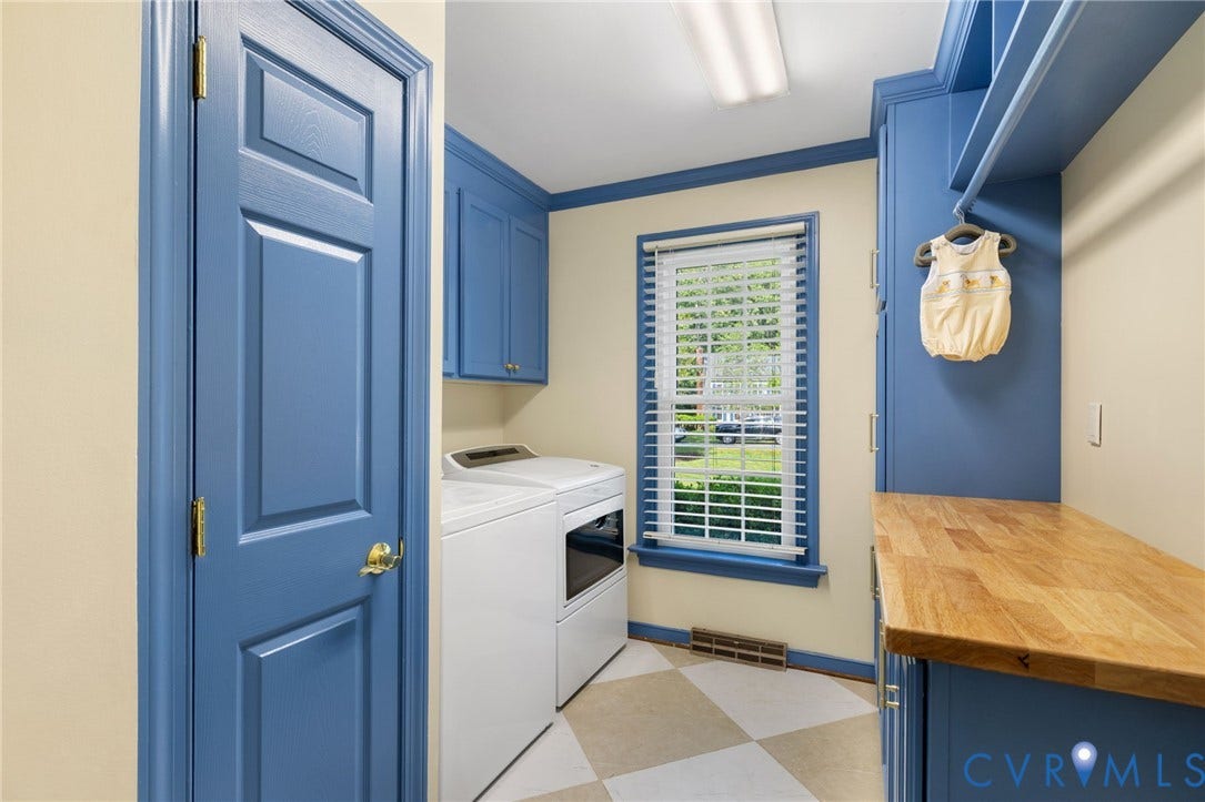 14411 Galloway Court, Salisbury, Midlothian, VA 23113 Laundry area featuring a window, built-in cabinetry, wood-finish countertop, and checkered flooring