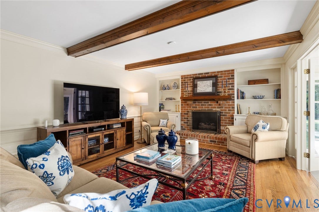 14411 Galloway Court, Salisbury, Midlothian, VA 23113 Exposed wood ceiling beams, brick fireplace with mantel, built-in shelving, wood-finish flooring, and French doors
