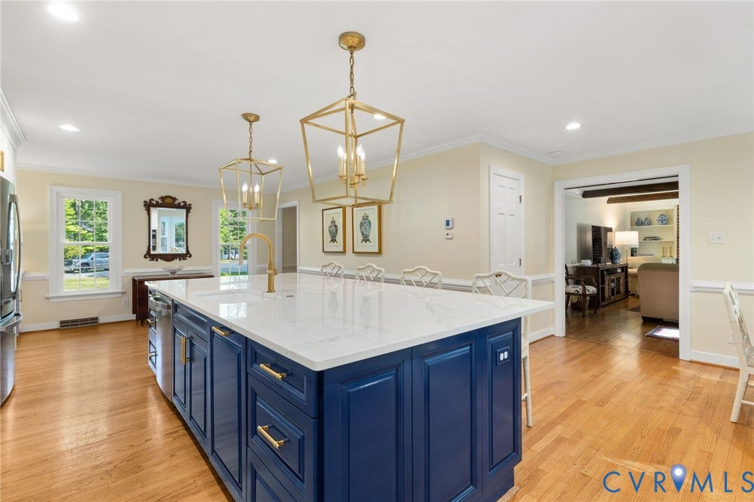 14411 Galloway Court, Salisbury, Midlothian, VA 23113 Kitchen island with a white countertop and blue cabinetry, brass hardware, and a brass faucet