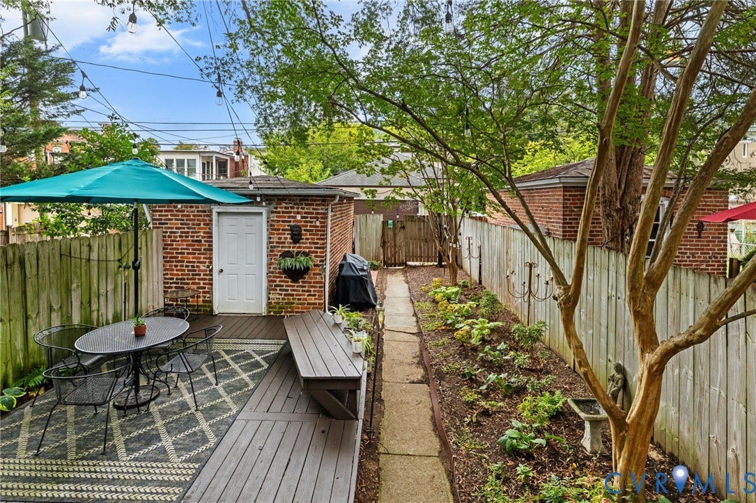 2415 Maplewood Avenue, Byrd Park, Richmond, VA 23220 Expansive outdoor deck with built-in bench seating, brick-clad utility structure, wood privacy fencing, and established landscaping