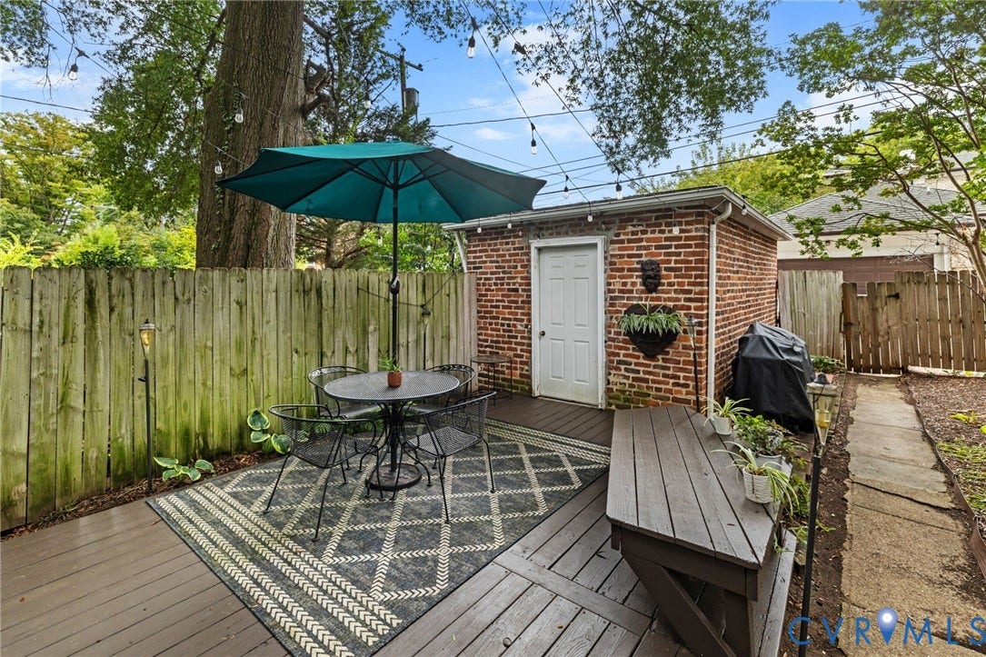 2415 Maplewood Avenue, Byrd Park, Richmond, VA 23220 Outdoor deck with a brick-clad auxiliary building, string lighting, and a privacy fence