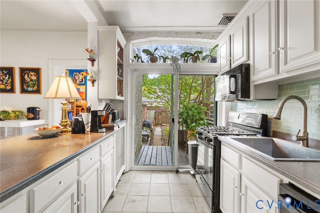2415 Maplewood Avenue, Byrd Park, Richmond, VA 23220 White cabinetry, tile flooring, glass tile backsplash, sliding glass door, and a built-in microwave
