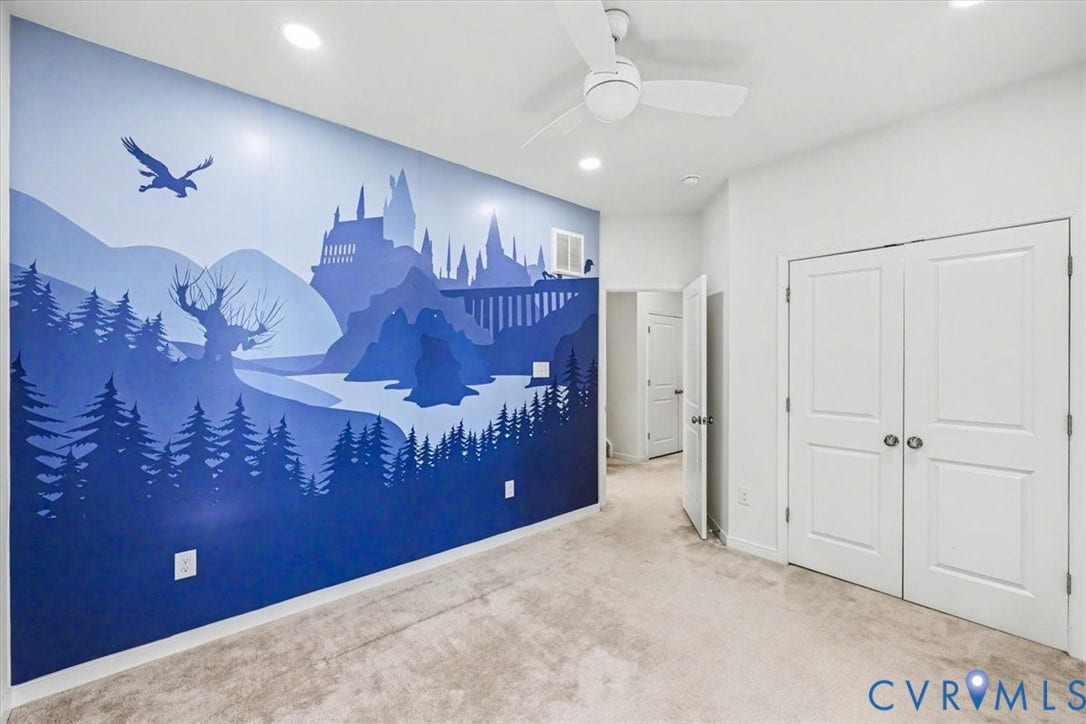 1141 Broad Hill Trace, Saunders Station Townes, Henrico, VA 23233 Recessed lighting, ceiling fan, bi-fold closet doors, wall mural, and carpeted flooring