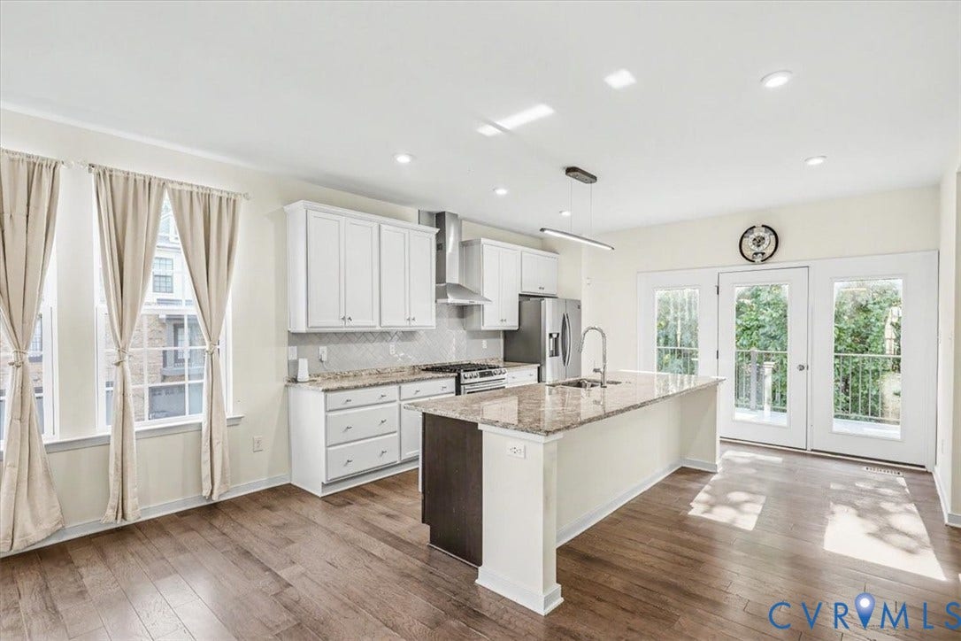 1141 Broad Hill Trace, Saunders Station Townes, Henrico, VA 23233 Gourmet kitchen with wood-finish flooring, white cabinetry, granite countertops, and stainless steel appliances