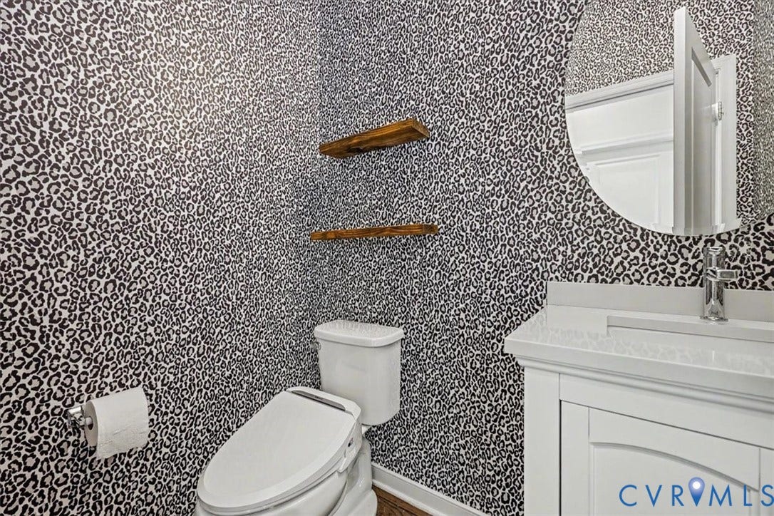 1141 Broad Hill Trace, Saunders Station Townes, Henrico, VA 23233 Custom wallpaper installation with two floating wood shelves