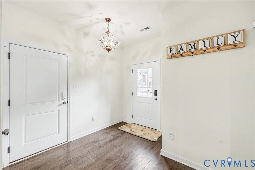 1141 Broad Hill Trace, Saunders Station Townes, Henrico, VA 23233 Entryway featuring wood-finish flooring, white walls, two paneled doors, and a decorative chandelier