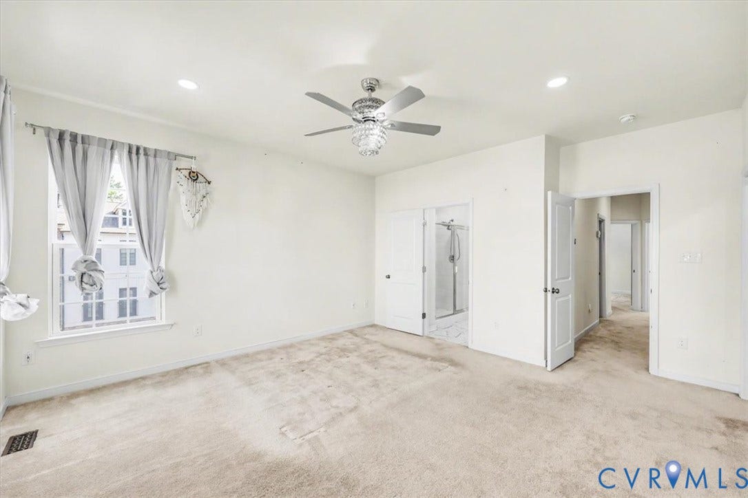 1141 Broad Hill Trace, Saunders Station Townes, Henrico, VA 23233 Spacious room with recessed lighting, a modern ceiling fan, and carpeted flooring