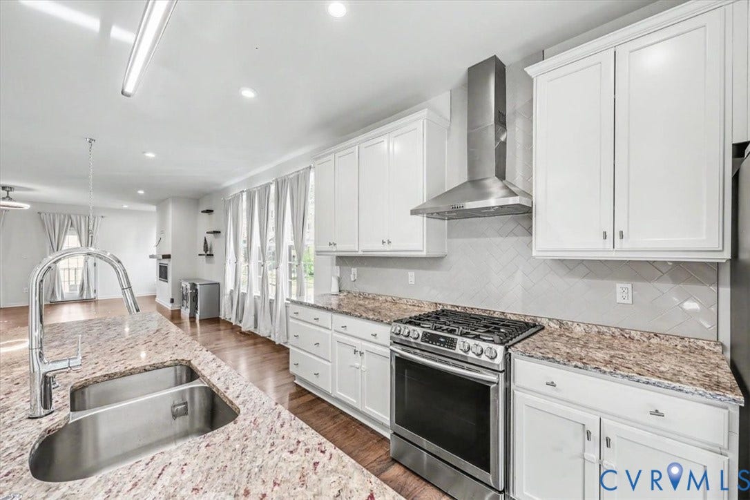 1141 Broad Hill Trace, Saunders Station Townes, Henrico, VA 23233 Kitchen featuring white cabinetry, stainless steel appliances, granite countertops, and a herringbone tile backsplash