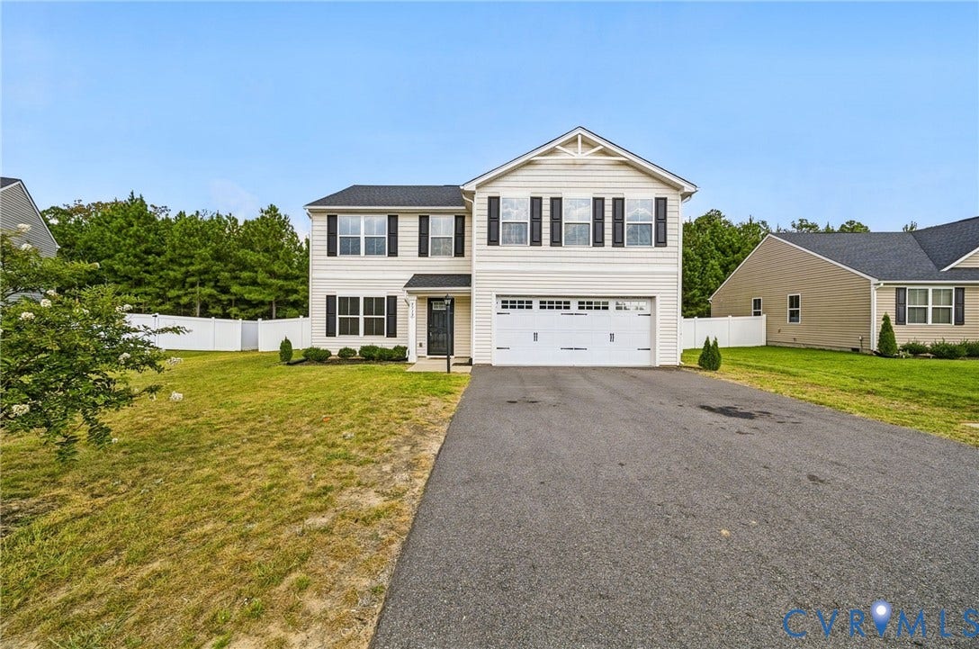 5713 Bison Ford Court, Chesterfield, VA 23234 Two-story exterior with light-toned siding, black shutters, attached two-car garage, and a paved driveway