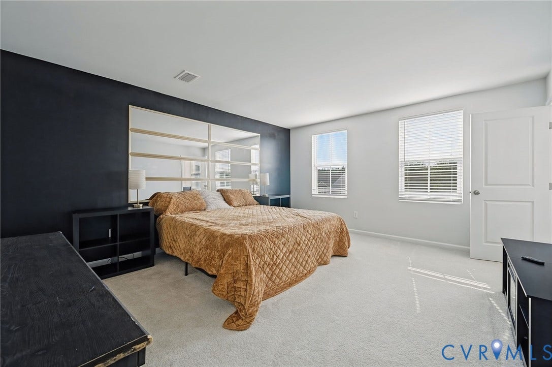 5713 Bison Ford Court, Chesterfield, VA 23234 Spacious room featuring light-colored carpeting, multiple windows with blinds, a white paneled door, and a dark accent wall