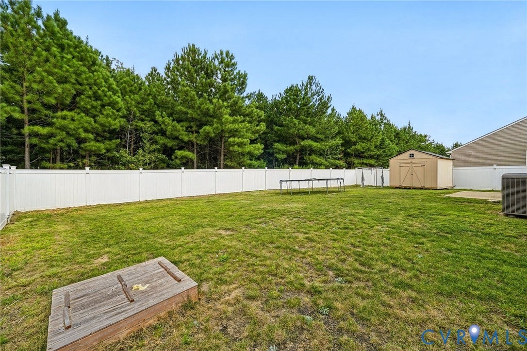 5713 Bison Ford Court, Chesterfield, VA 23234 Expansive grassy yard with a white privacy fence and mature trees