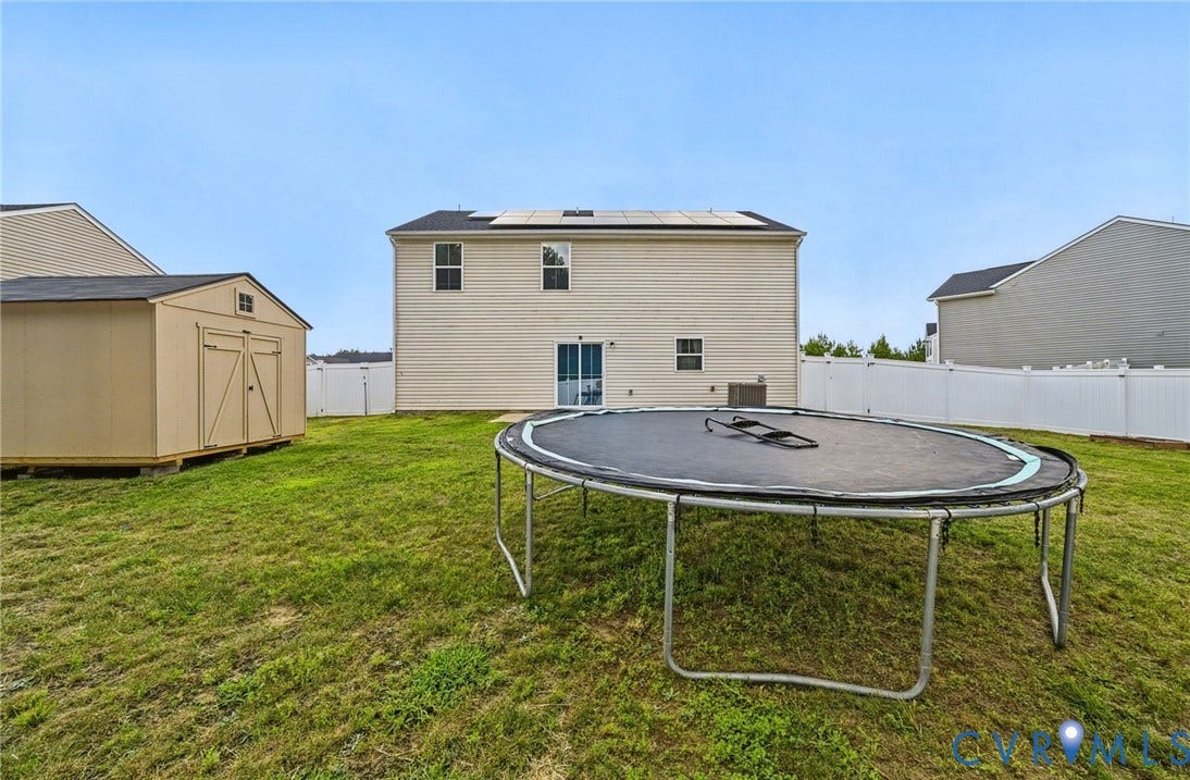 5713 Bison Ford Court, Chesterfield, VA 23234 Expansive backyard featuring a manicured lawn, a vinyl privacy fence, a storage shed, and a rear exterior with solar panels