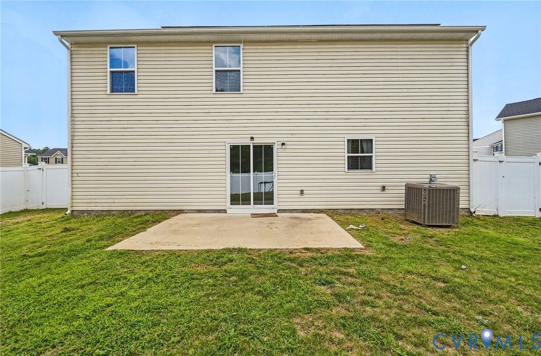 5713 Bison Ford Court, Chesterfield, VA 23234 Private backyard with a concrete patio, white vinyl fencing, and a sliding glass door